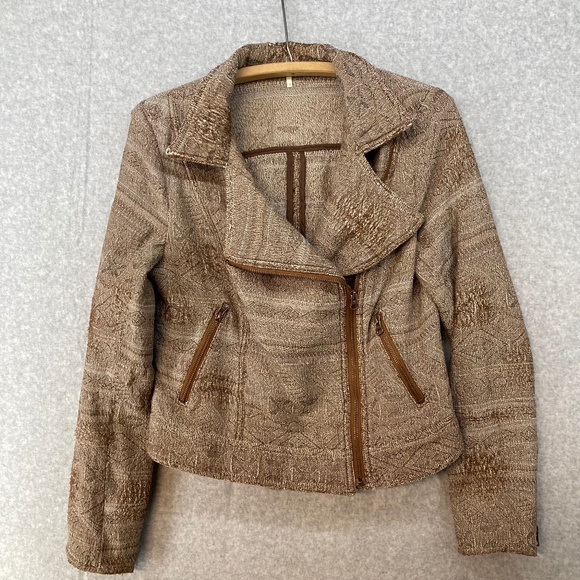 Free People 10 Jacquard Tapestry Moto Jacket  Brown Distressed Fabric Asym Zip - Picture 1 of 11
